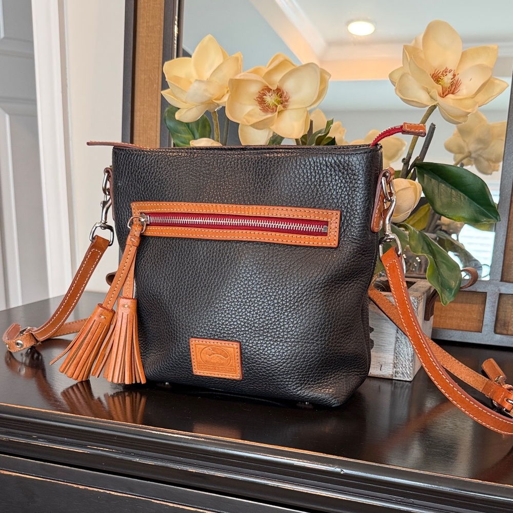 Classic Black Pebbled Crossbody Bag with Tan Trim